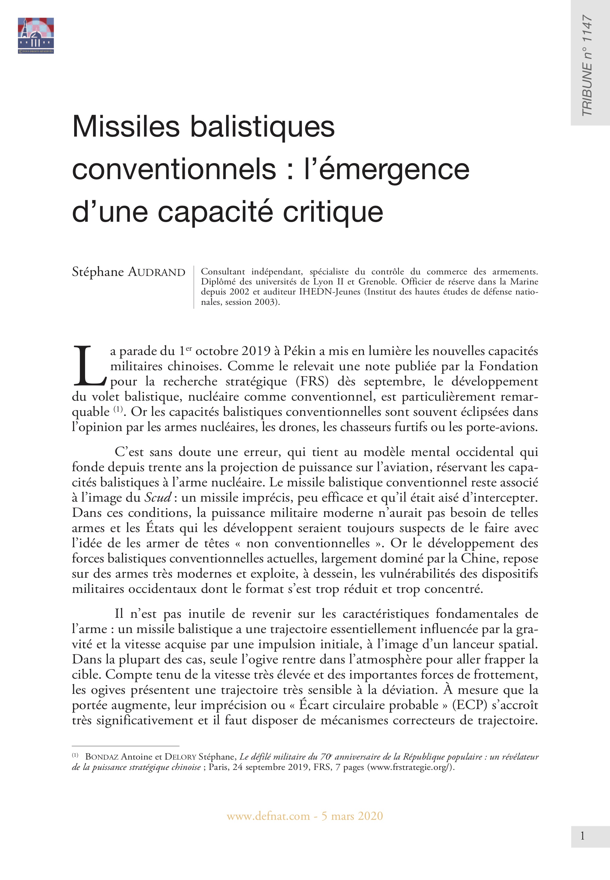 Missiles balistiques conventionnels : l’émergence d’une capacité critique (T 1147)
